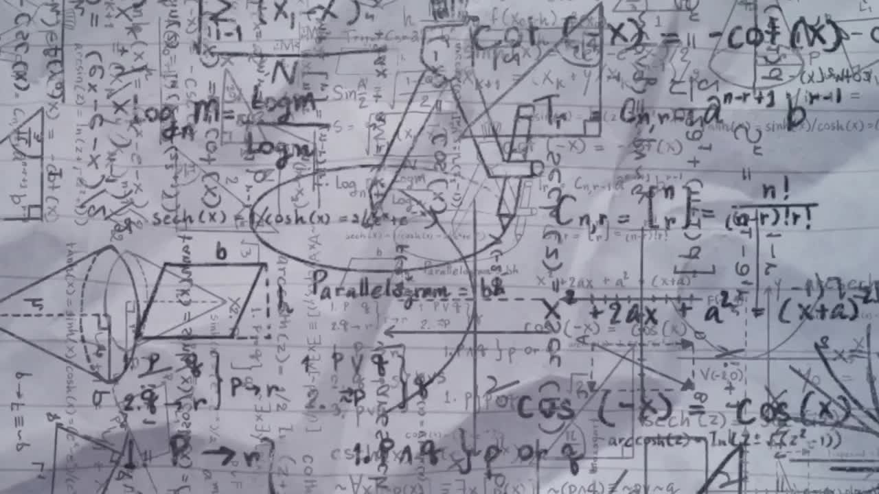 animación de ecuaciones matemáticas y diagramas flotando contra un fondo de papel con líneas blancas