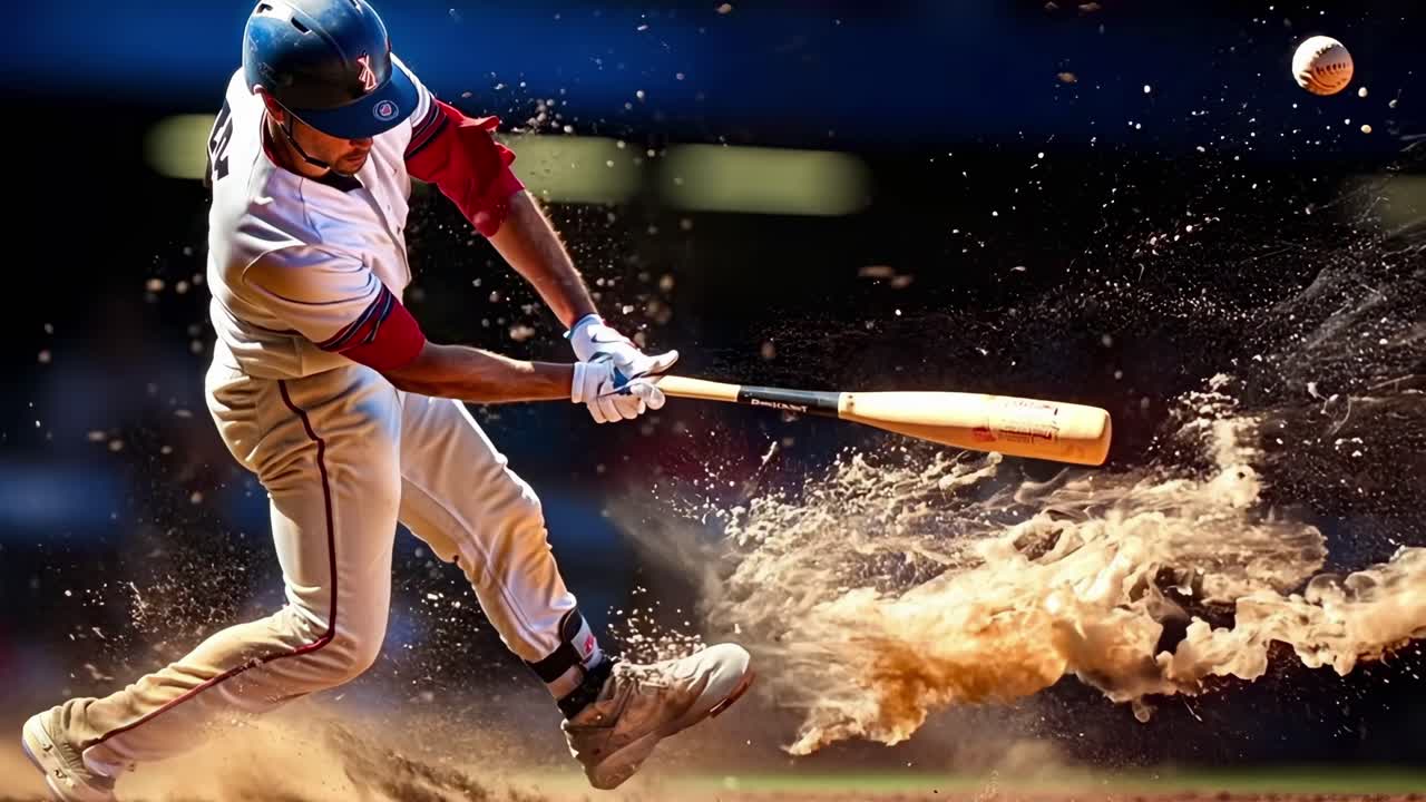 Baseball player hitting ball, creating dust cloud. Action shot of player in uniform, bat in motion