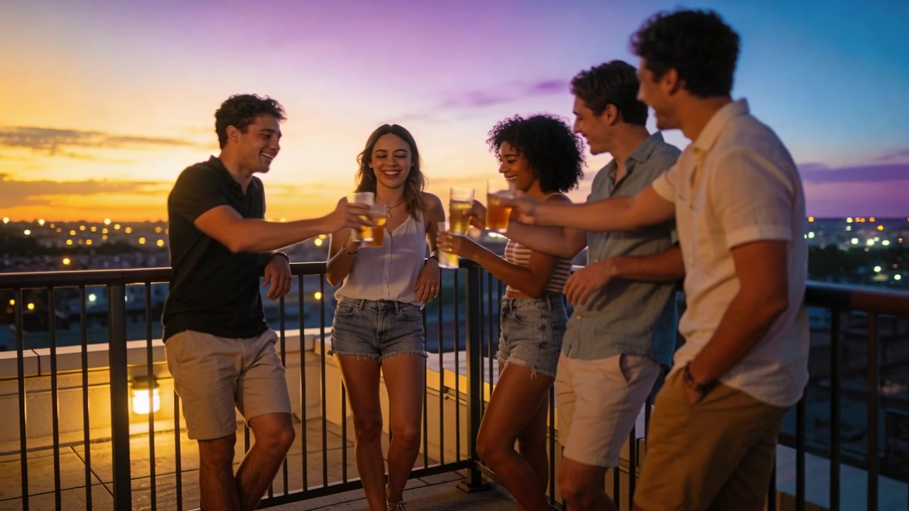 Gesturing left man, five friends lifting cups and toasting on roof deck in shorts watching sunset