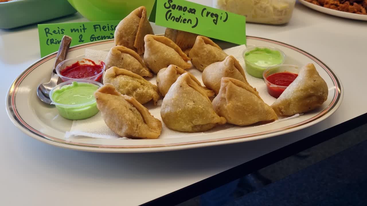 Primo piano di samosa indiani fatti in casa, pronti da mangiare su una tavola imbandita per una festa di famiglia, circondati da diversi piatti tradizionali, che cattura la calorosa ospitalità e l'autentica cucina casalinga