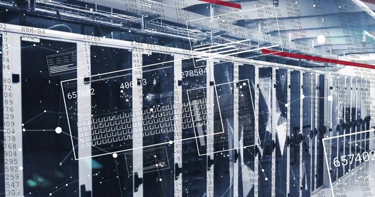Animation of shapes and data processing over server room