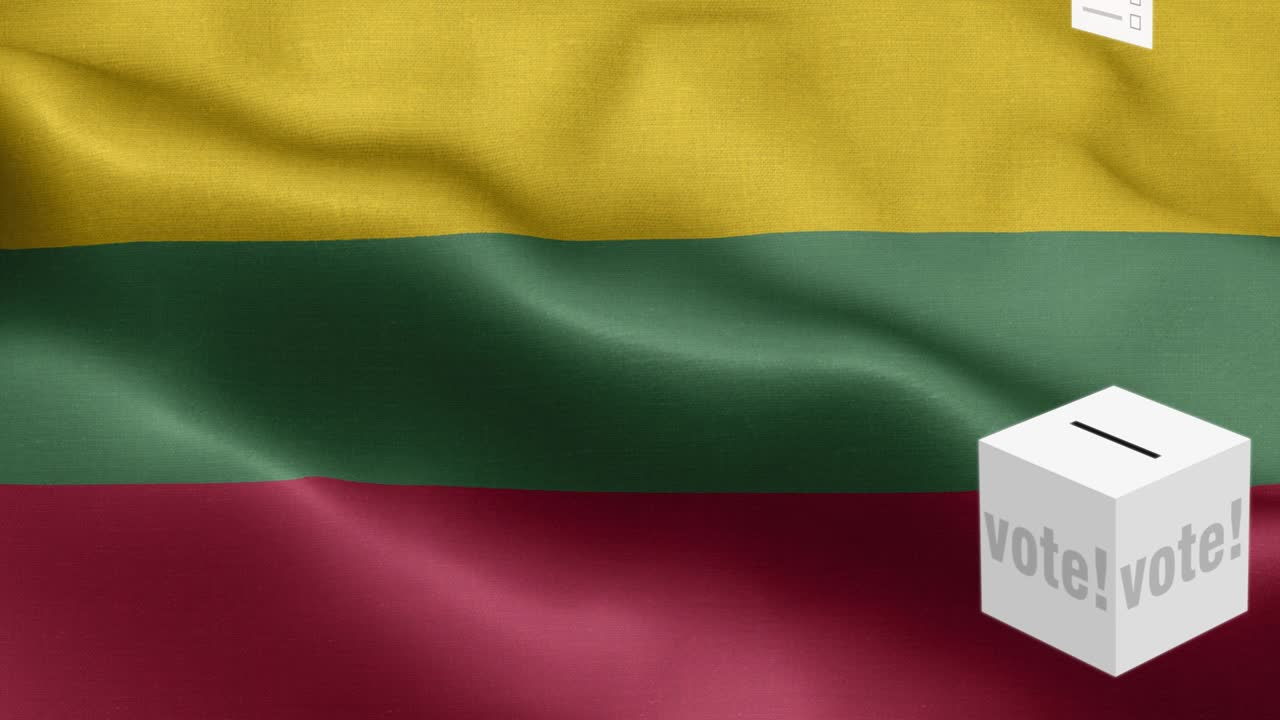 Ballots fly to box for Lithuania selection - Ballot box in front of flag - Election - Vote - Flag Of Lithuania - Lithuania Flag High Detail - National flag Lithuania wave Pattern loopable Elements - Fabric texture and endless loop