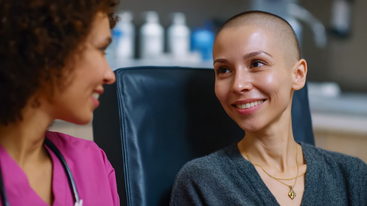 Une conversation empreinte de compassion entre un professionnel de la santé et un patient au crâne rasé, mettant en avant l’empathie, la compréhension et le soutien dans un contexte clinique axé sur la santé et le bien-être