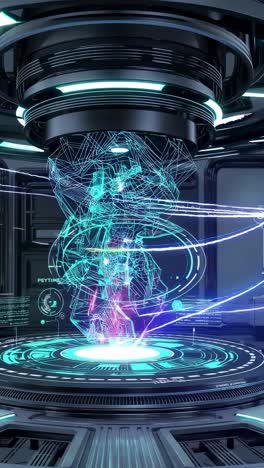 merging complex machinery and advanced technology in a futuristic laboratory, creating a captivating holographic projection of a robotic figure that reflects innovation and scientific progress