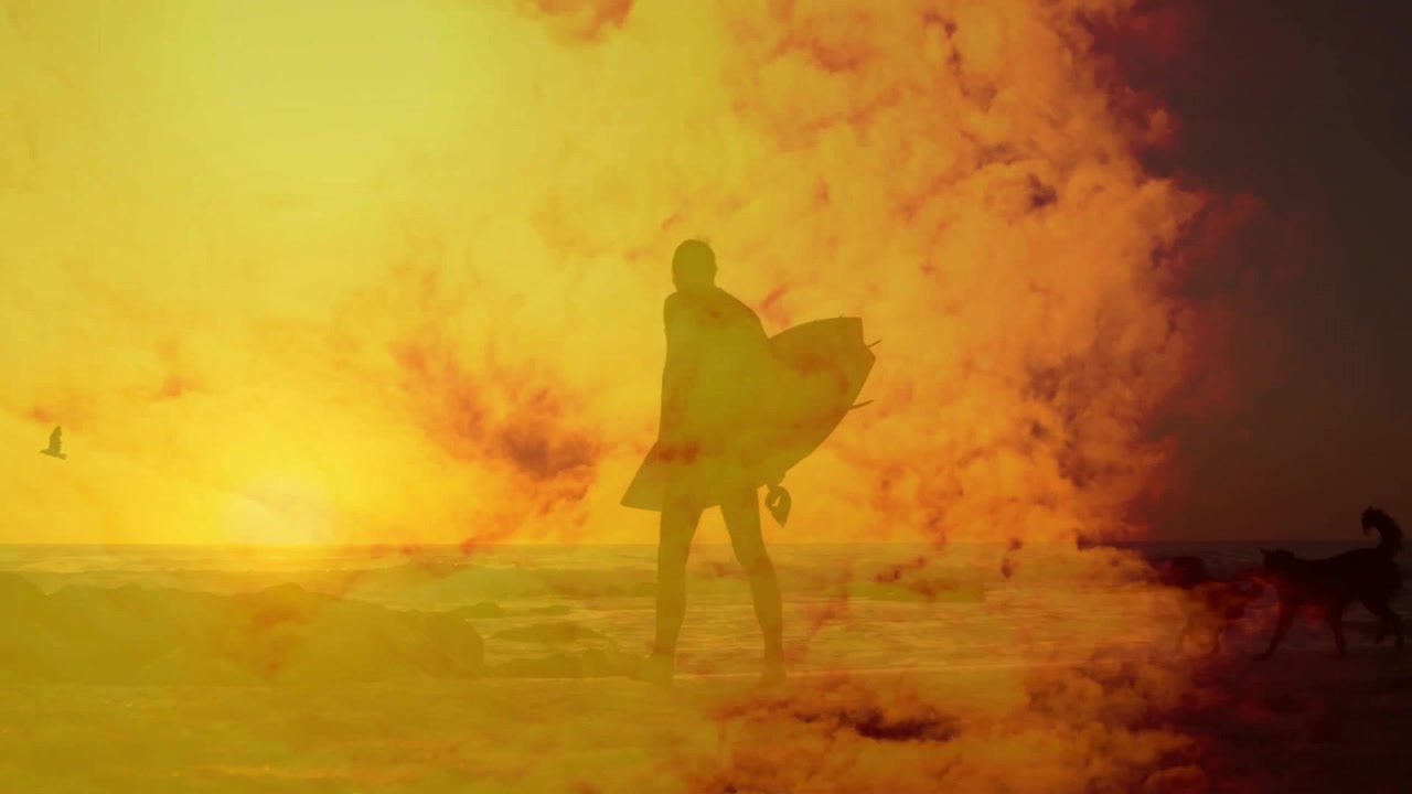 Surfista caminando por la playa al atardecer con su perro