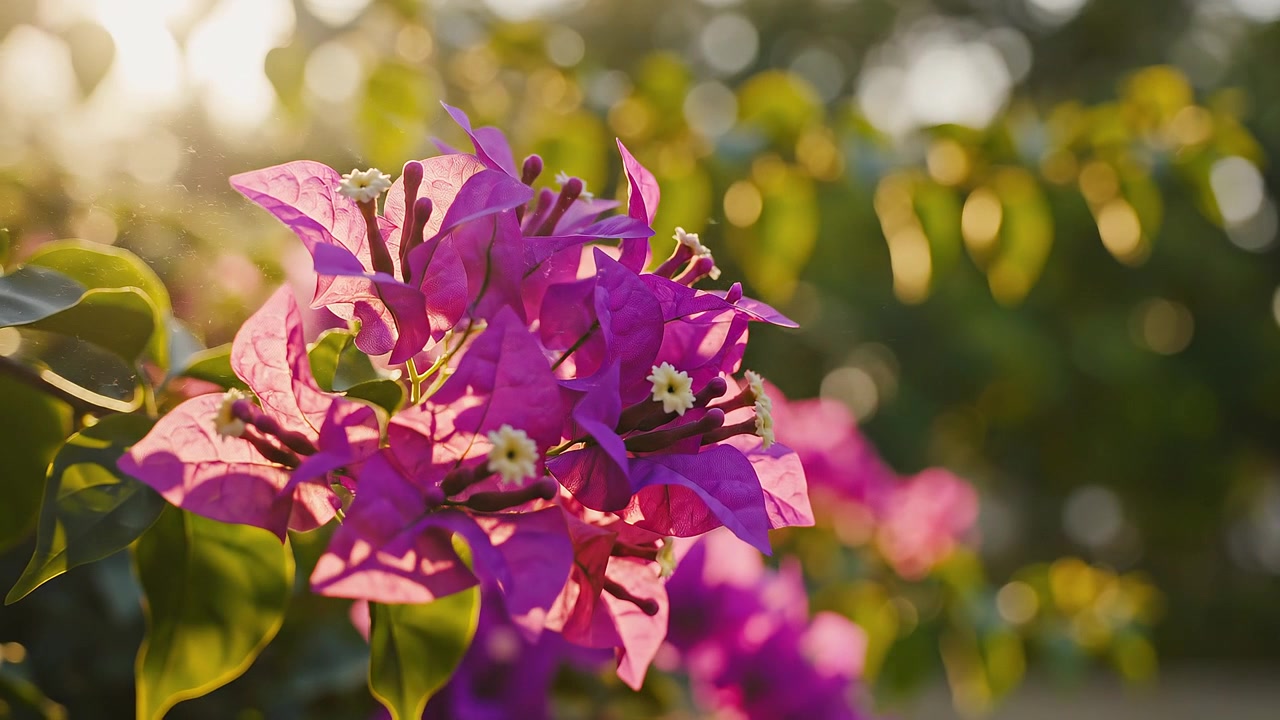 Levende rosa bougainvilleablomster som blomstrer i varmt gyllent sollys
