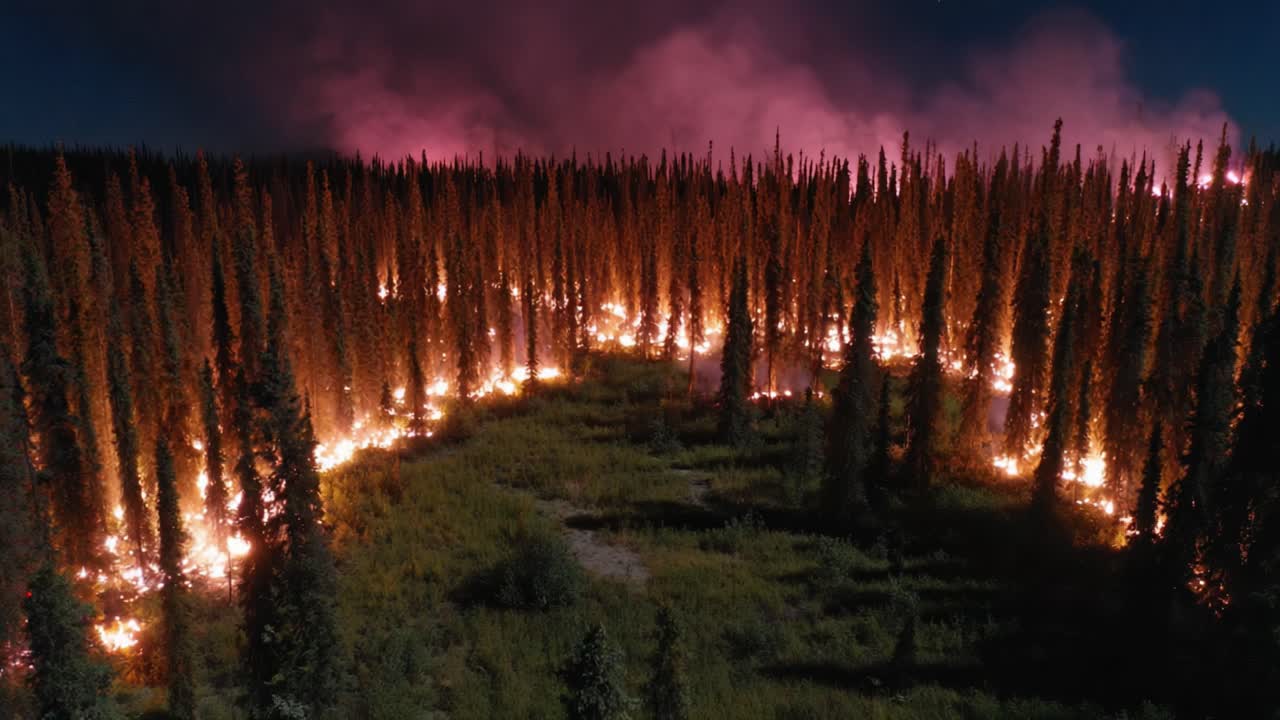 Aerial View of Expanding Wildfire Amidst Tall Trees Under Night Sky, Capturing the Devastating Impact of Nature's Fury and Highlighting Urgent Environmental Concerns
