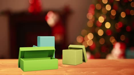 animation of christmas presents and fairy lights flickering in background