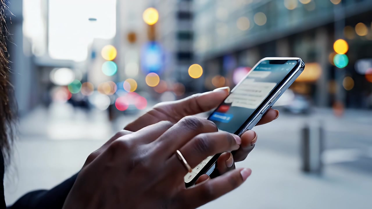 Nærbilde av en person som bruker en smarttelefon på en travel bygata