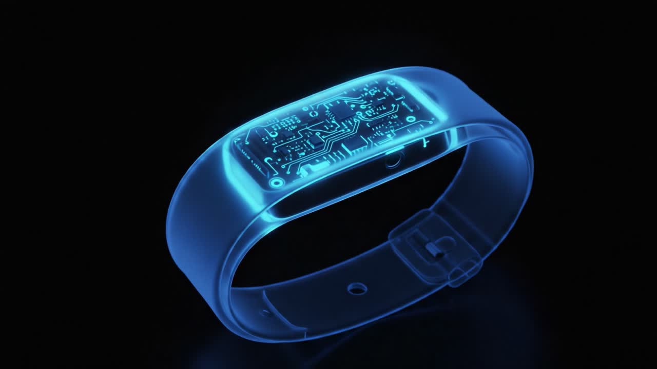 Futuristic Smart Band Featuring Advanced Circuitry Design Displayed in a Glowing Blue Light on a Dark Background, Showcasing High-Tech Wearable Technology Potential