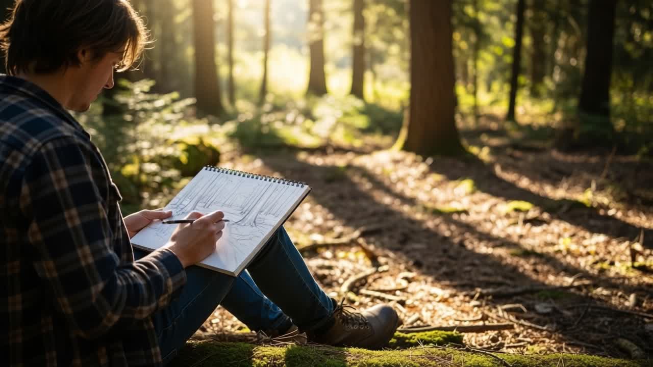 A Creative Soul Captured in Nature: An Artist Engrossed in Sketching Amidst a Serene Forest Landscape, Highlighting the Beauty of Art and Nature Intertwined