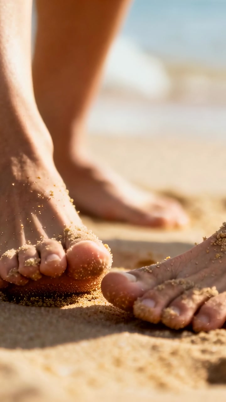 Two adults shifting weight and pressing toes into wet sand at shoreline, capturing travel texture