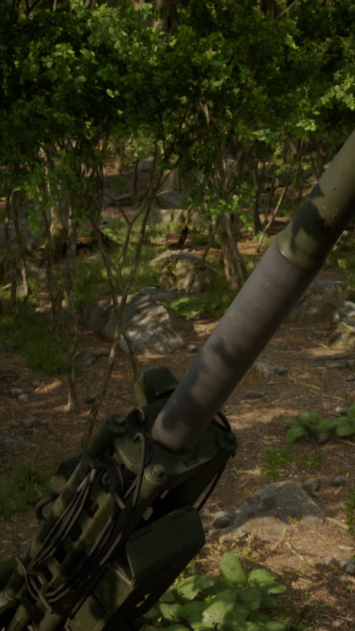 Primo piano di un cannone militare in un ambiente boschivo