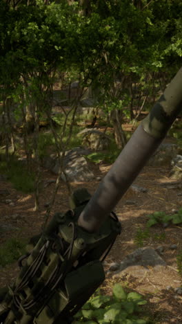 primer plano de un cañón militar en un entorno forestal