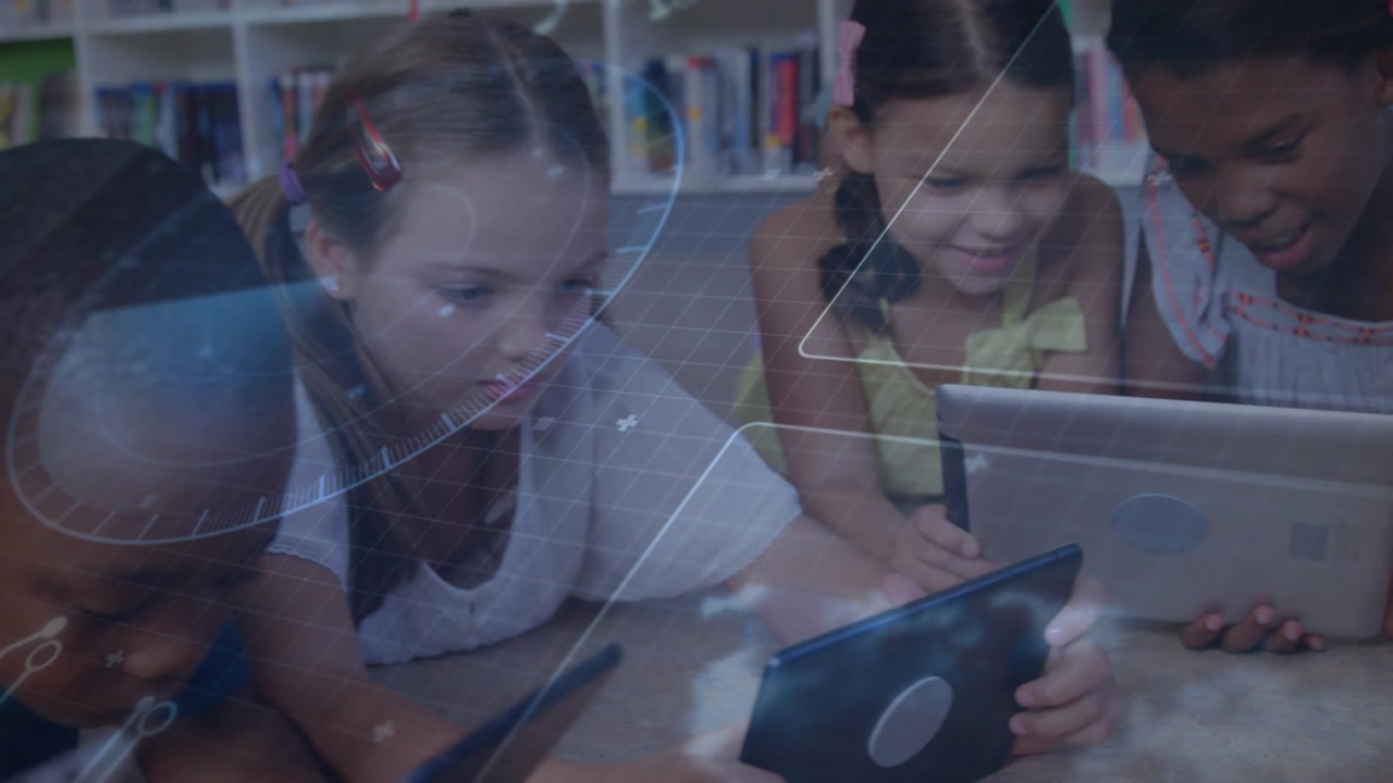 Girls tapping tablets initiating digital overlays for education while boy sliding in joining chat