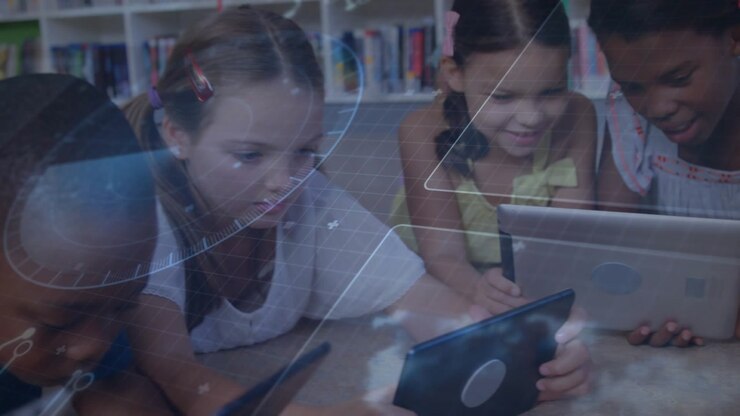 Girls tapping tablets initiating digital overlays for education while boy sliding in joining chat