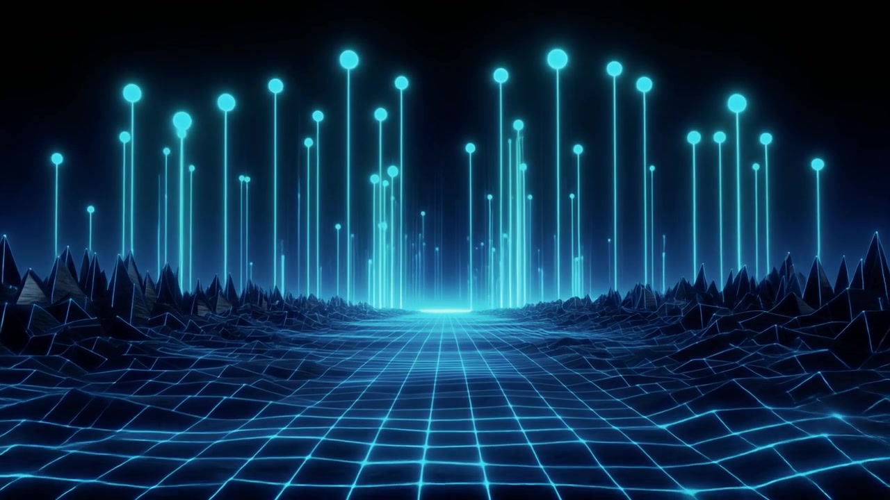 Abstract Digital Landscape with Glowing Neon Data Beams