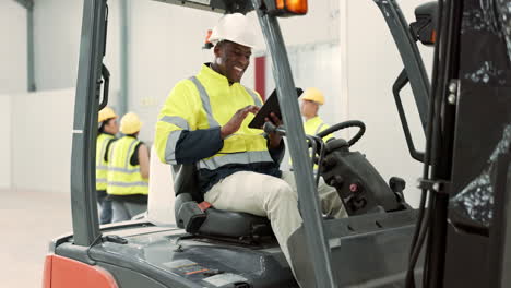 tablet, engineering and forklift with black man