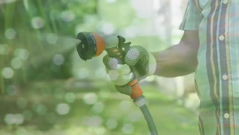 video compuesto de agua corriente contra la sección media de plantas de riego de hombre afroamericano