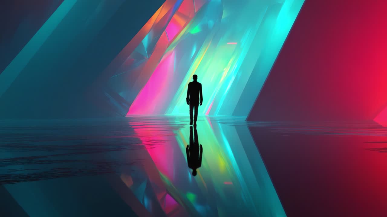 A solitary figure stands amidst vibrant geometric shapes, illuminated by dynamic, colorful lights that reflect on the surface, creating a mesmerizing visual experience of modern art and technology