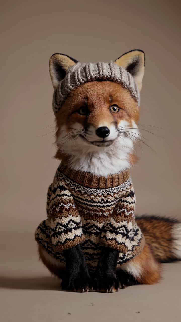 A cute fox in a knitted sweater and hat, sitting upright. Shot from a low angle, giving a whimsical