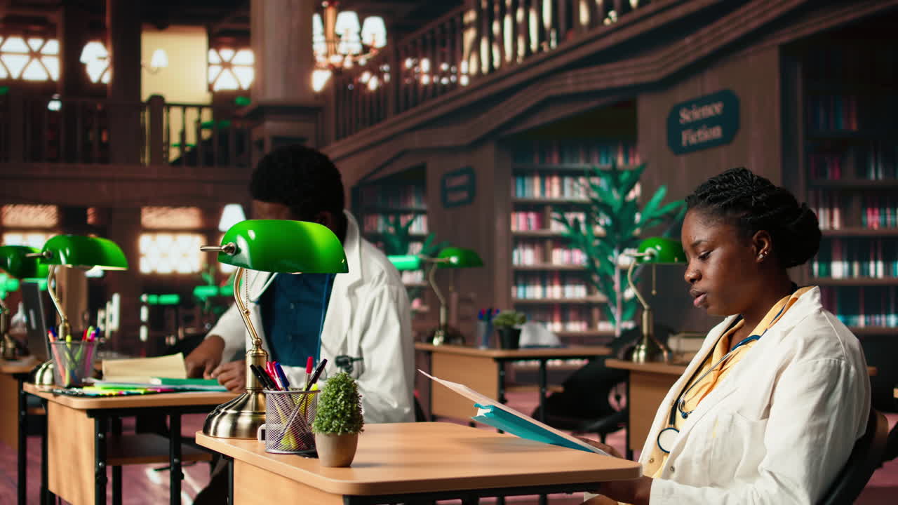 아프리카계 미국인 의대 학생이 도서관에서 전문 책에서 강의를 즐기고 있습니다.