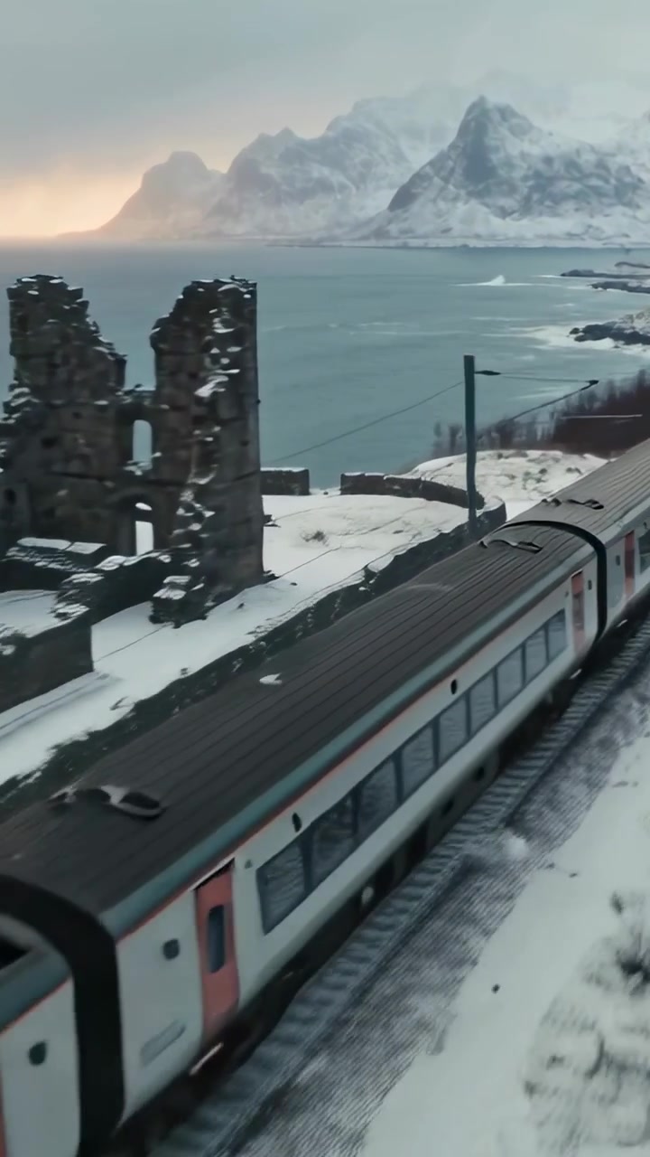 Video verticale: Treno in arrivo che passa su un binario costiero innevato, pantografo che tocca i fili oltre le rovine.