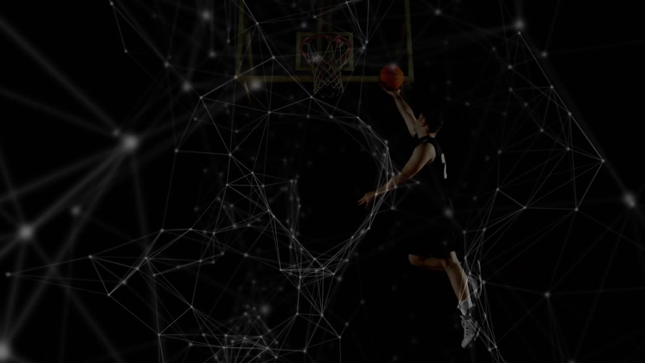 Male player dribbling, dunking to score after ball enters left, sports nodes weaving around player