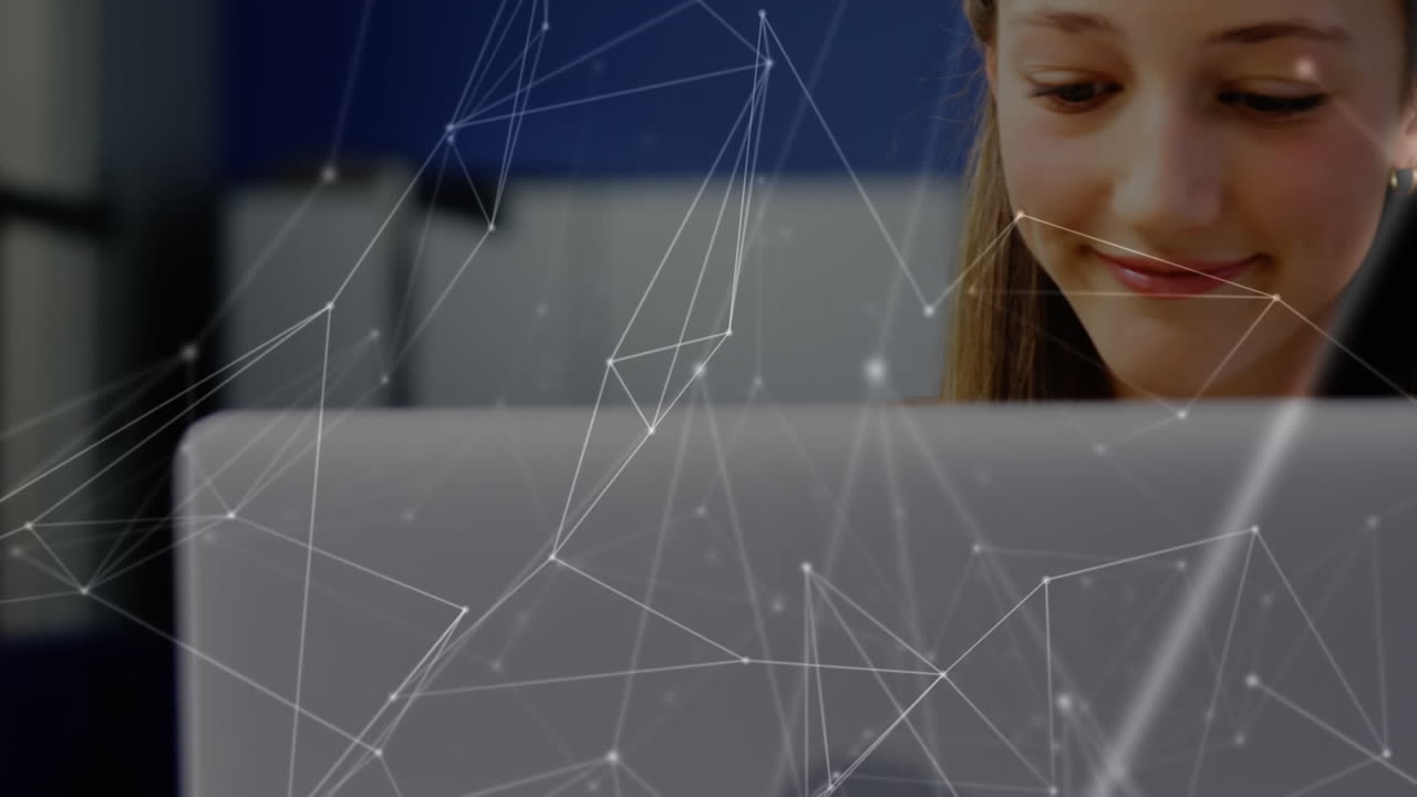 Animation of connections over students in a classroom, using laptop computers
