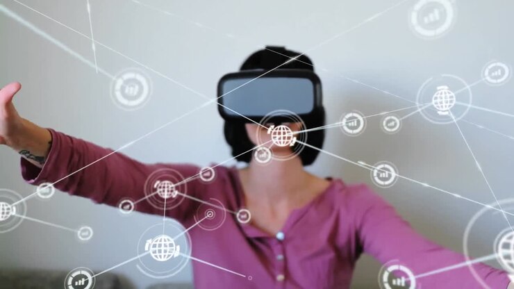 Animation of network of connections with icons over woman wearing vr headset