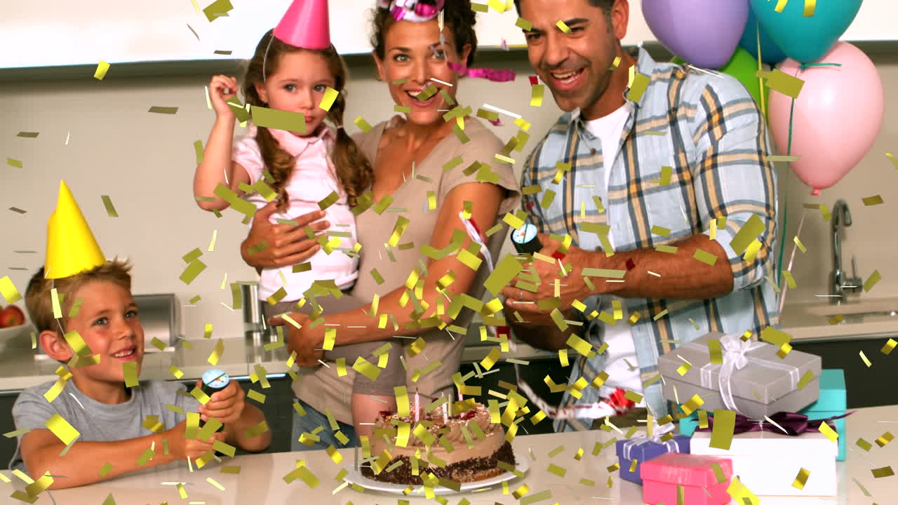 animación de confeti cayendo sobre la familia divirtiéndose en la fiesta de cumpleaños
