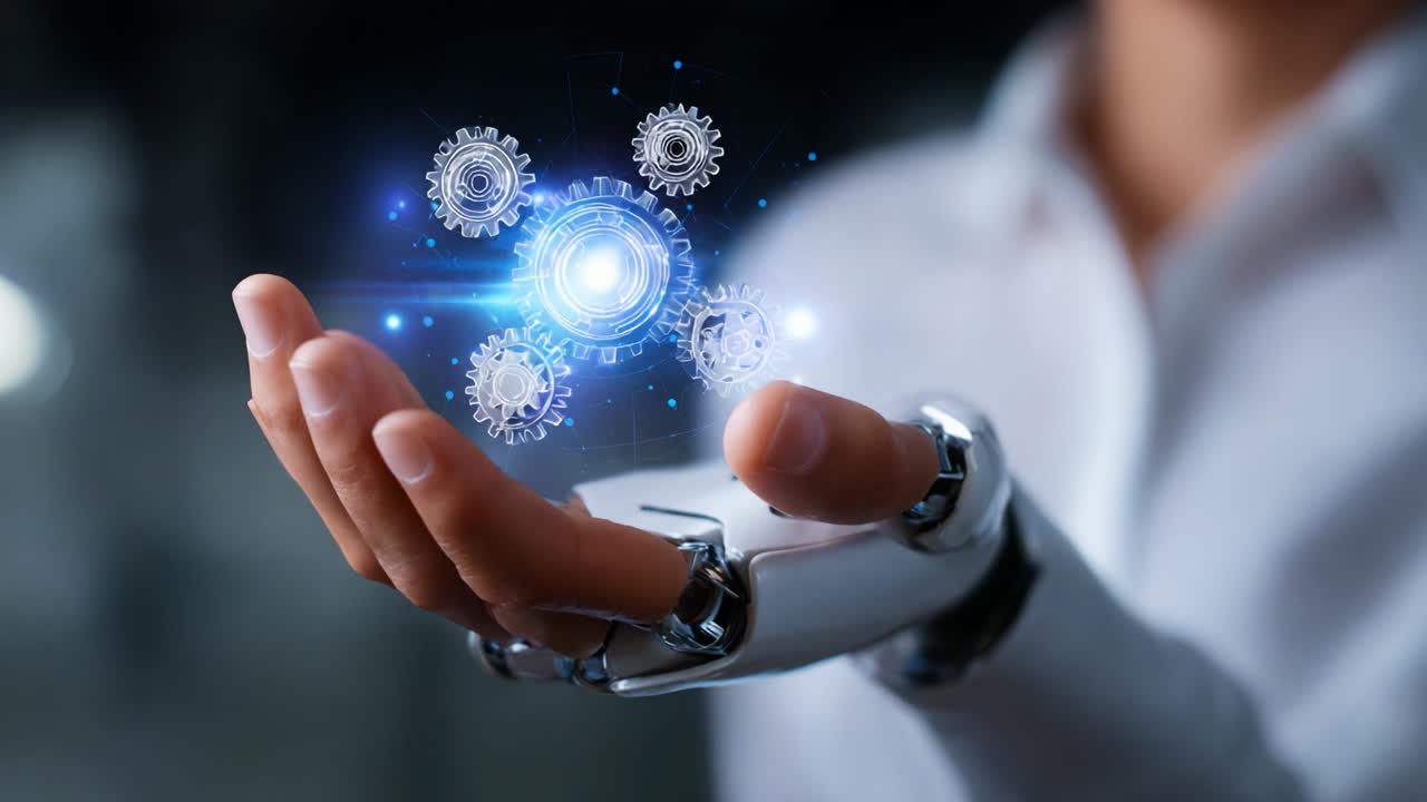 An advanced robotic hand holds a luminous orb surrounded by glowing gears, symbolizing the fusion of technology and innovation, showcasing the intricate relationship between human-like machines and digital transformation
