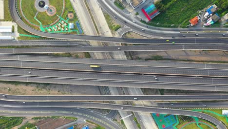 aerial top view of highway, transport city junction road with car on intersection cross road