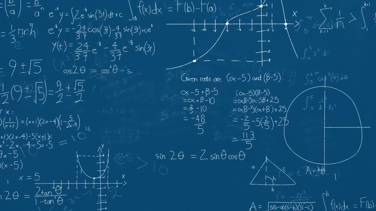 animación de ecuaciones matemáticas y diagramas flotando contra un fondo azul