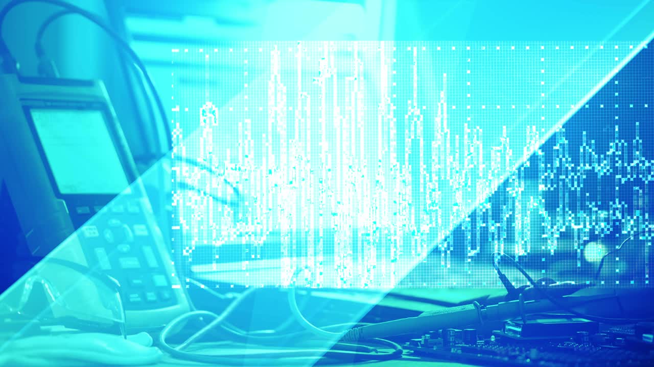 Blue industrial and technology 3D primitive diagonal abstract background, with modern oscilloscope and electronic lab experimental, engineering educational use concept.