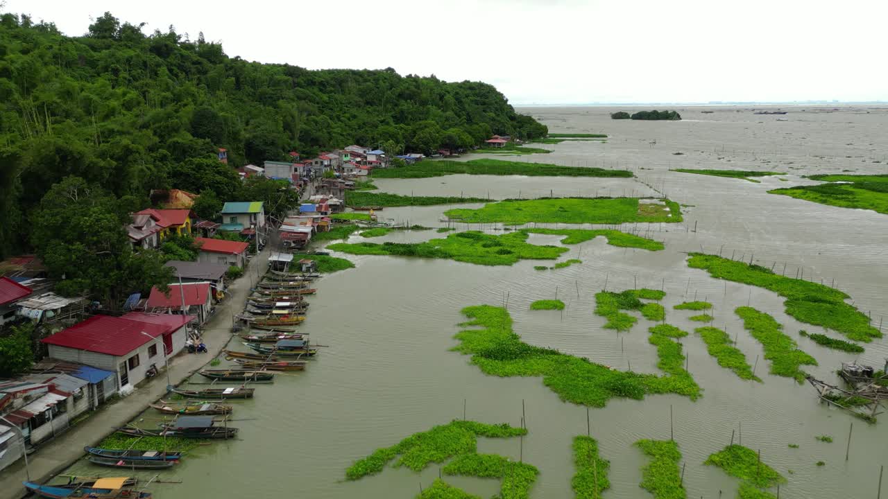 Drone shot glides over flooded fields, water hyacinths, and lakeside Philippine villages, revealing aquaculture grids, hillside homes, and cloudy tropical skies