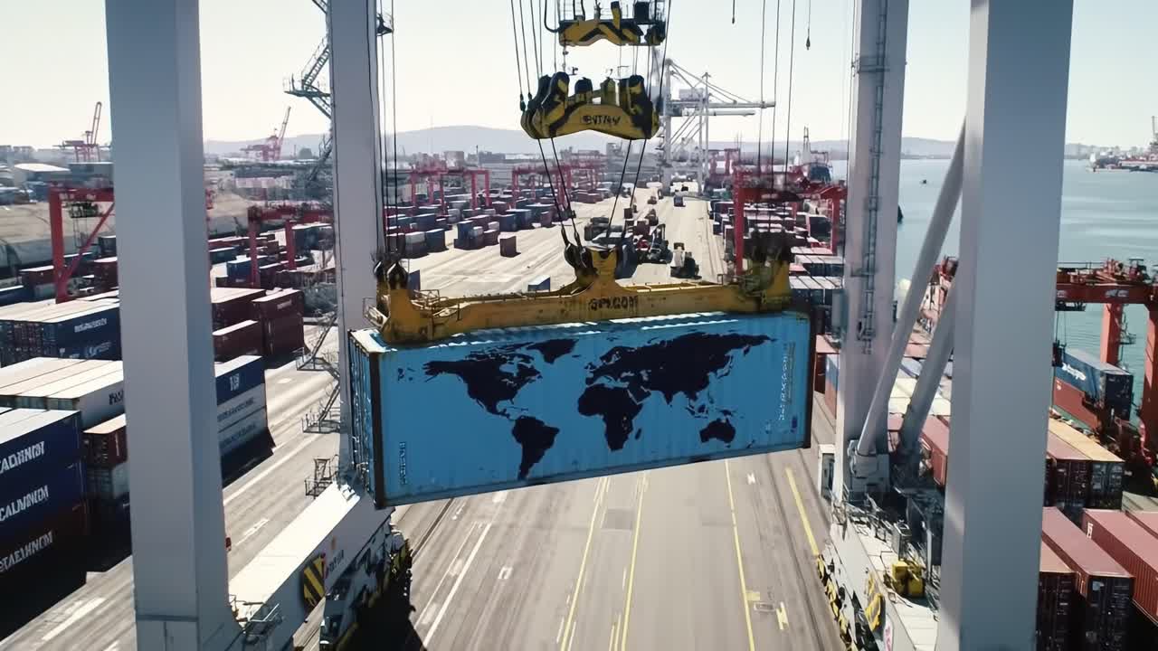 Aerial View of Container Ship Operations at a Busy Port with a Global Map Design on a Shipping Container Being Loaded by a Crane