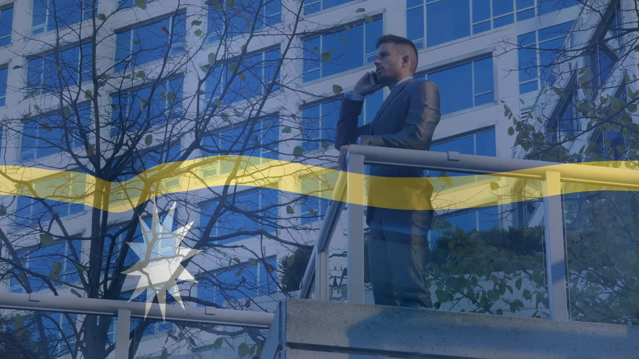 Talking on phone, businessman with Nauru flag overlay on urban building background