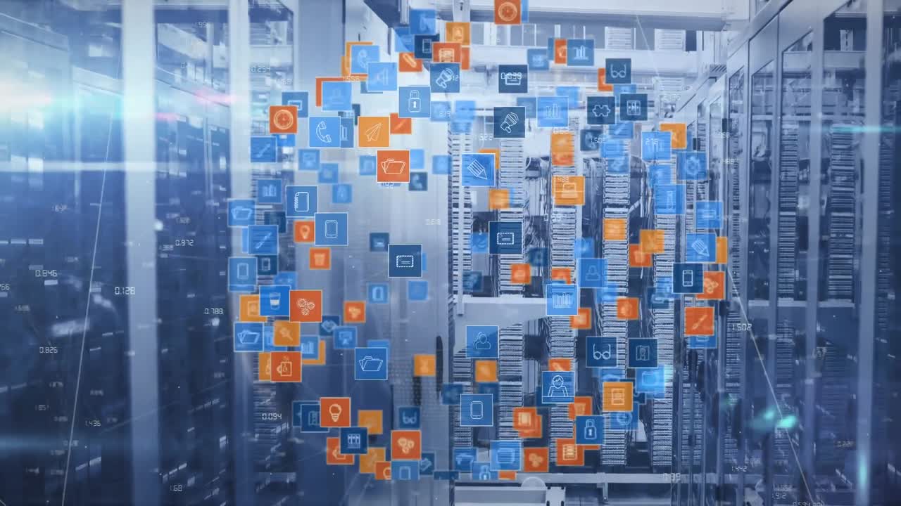Animation of light spot, spinning globe of digital icons and mosaic squares against server room