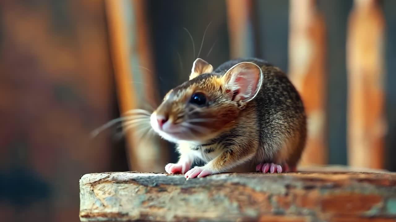 un pequeño ratón sentado en la parte superior de una mesa de madera