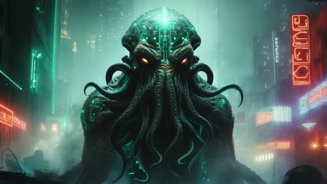 cyberpunk octopus monster in a futuristic city