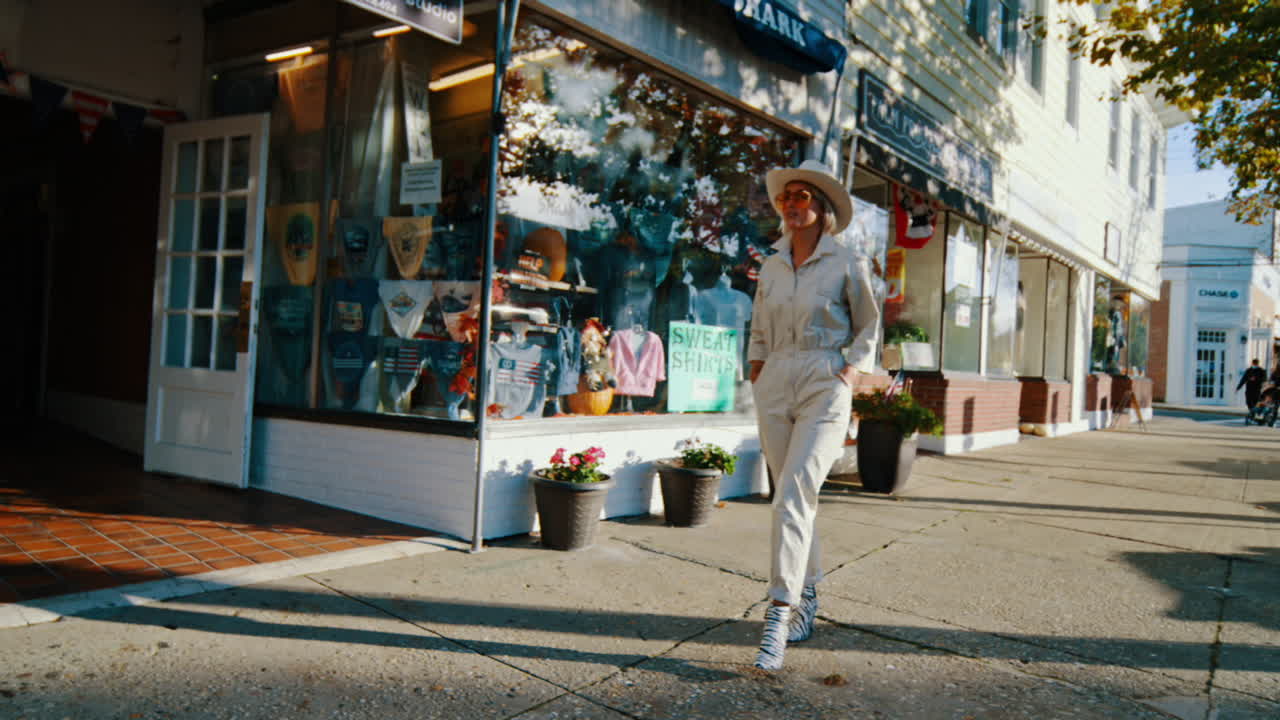 New York, USA, 2 maggio 2025: Donna in tuta bianca cammina davanti a un negozio di abbigliamento. Veduta laterale di donna in tuta beige e cappello da cowboy che cammina sul marciapiede davanti alle vetrine dei negozi a Sag Harbor, New York