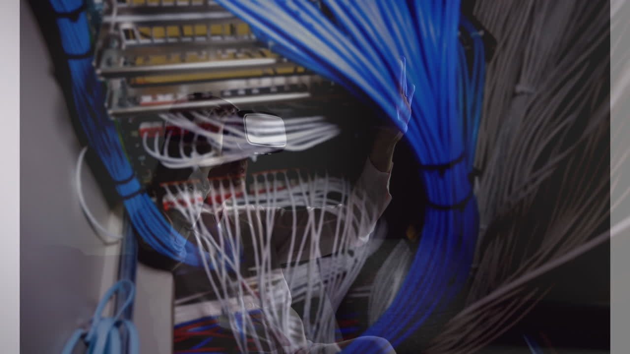 animación de mujeres usando auriculares vr sobre la sala del servidor