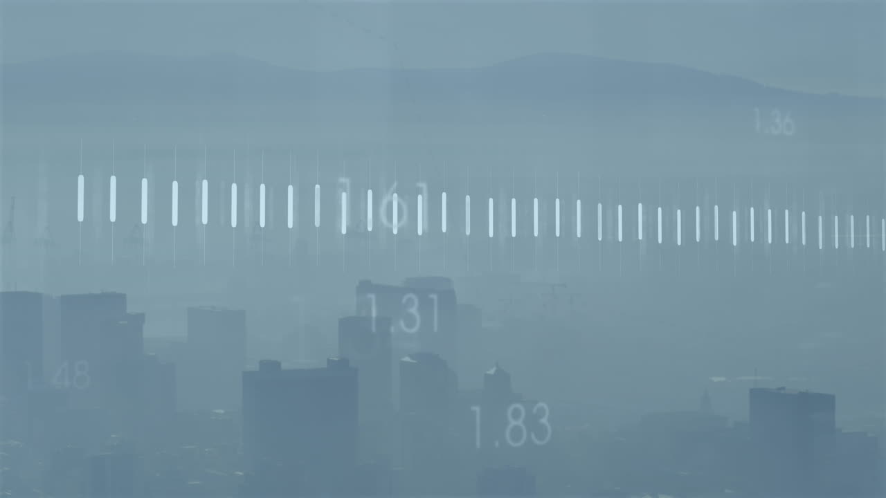 도시 풍경 위의 금융 데이터 처리 애니메이션