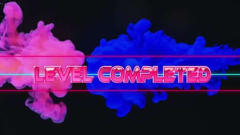 animation of level completed text over blue liquid on black background