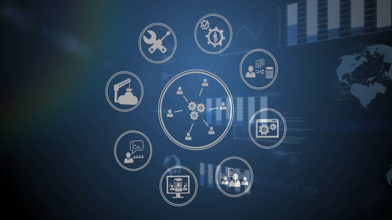 Fading two gears joining third radiating lines linking 6 users pulsing icons showing integration