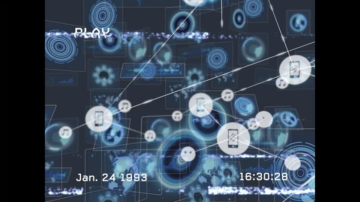 Digital network connections and data processing animation with date and time overlay