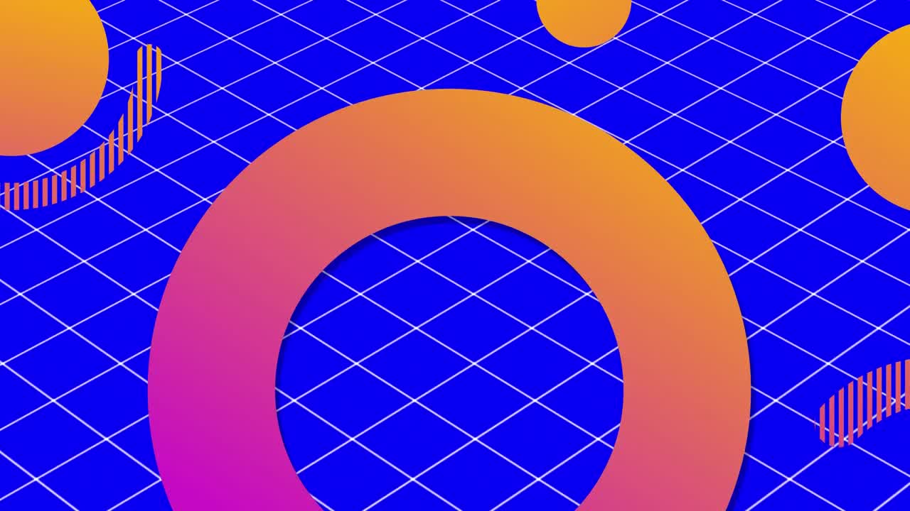 Animation of orange and pink circles and rings moving over white grid on lilac background