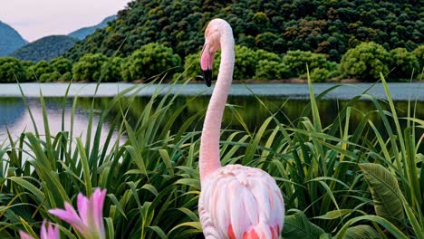 A serene video still of a flamingo in lush greenery by a lake, captured from a low angle
