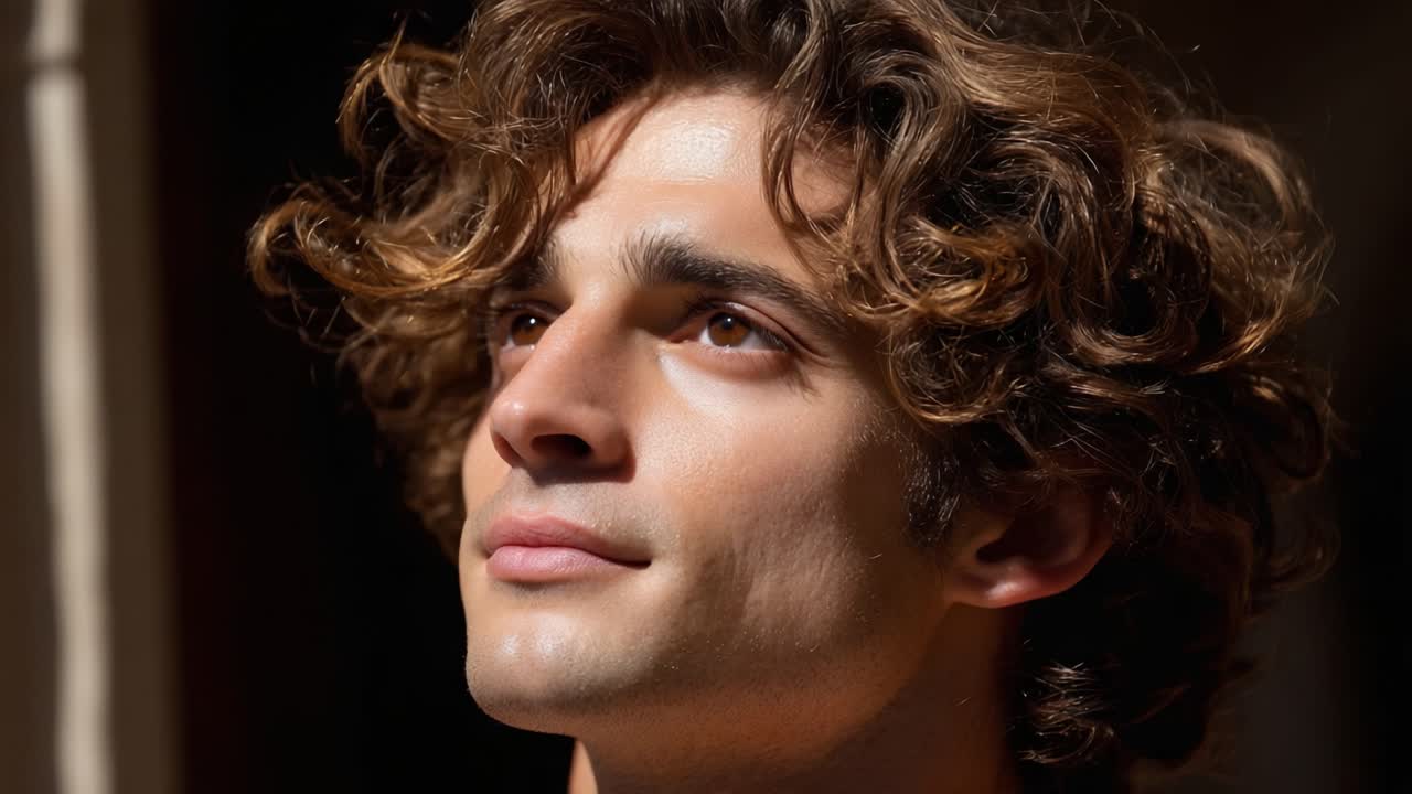 Um Momento Calmo de Reflexão: Um Jovem com Cabelo Cacheado Aproveita a Quente Luz do Sol, Fechando os Olhos e Abraçando a Serenidade do Momento